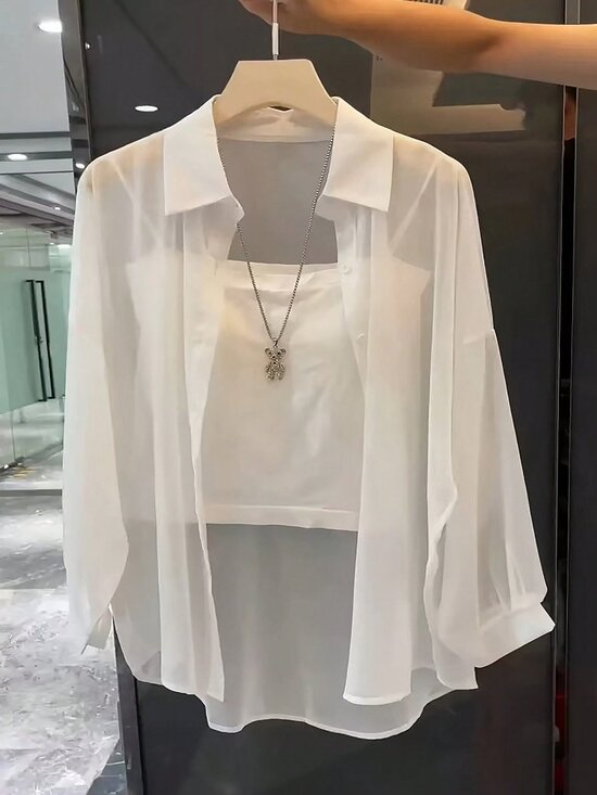 Tops - White Casual Women's Transparent Plain Collared Shirt